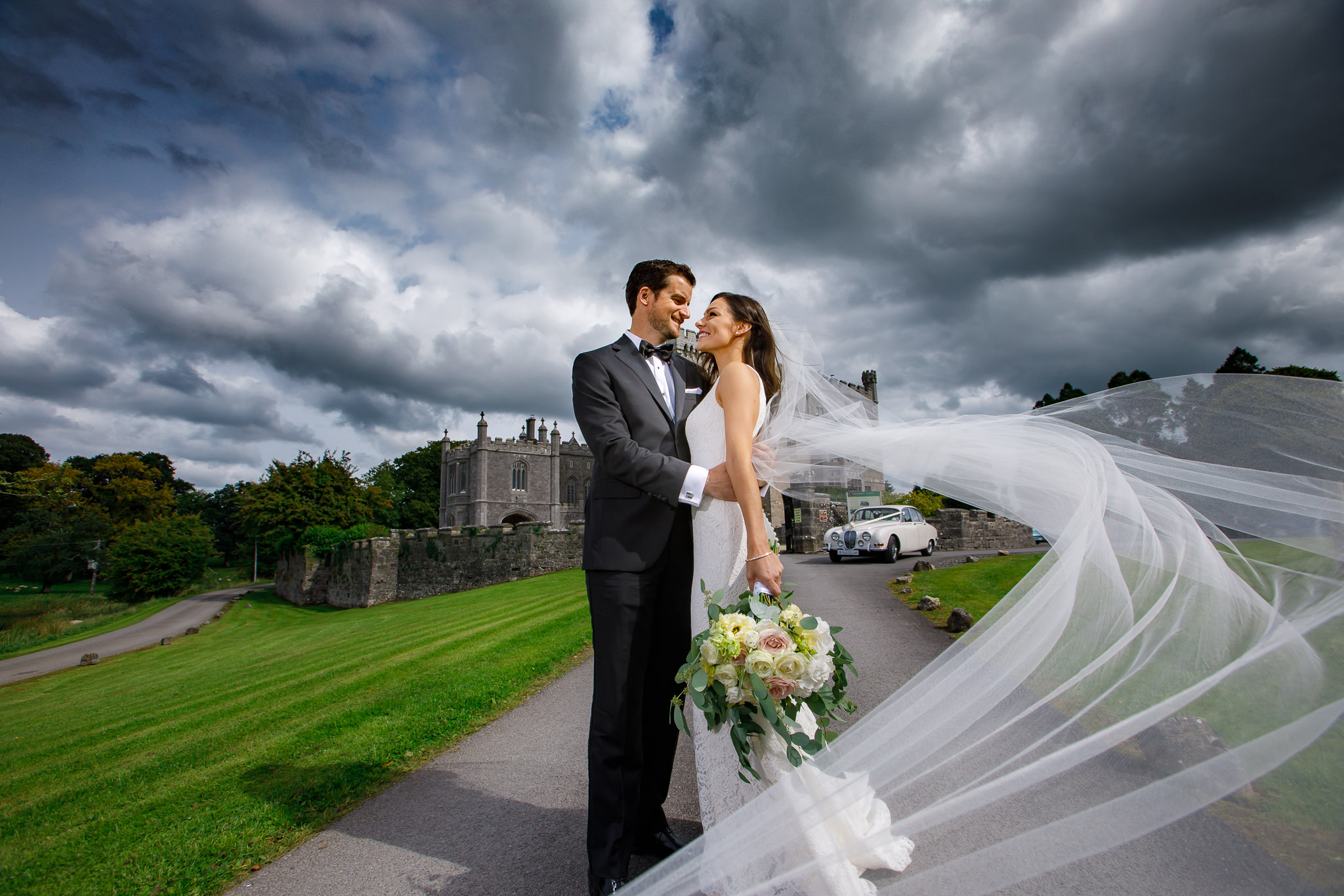 Bride & Groom at gates of Markree Castle Wedding Sligo