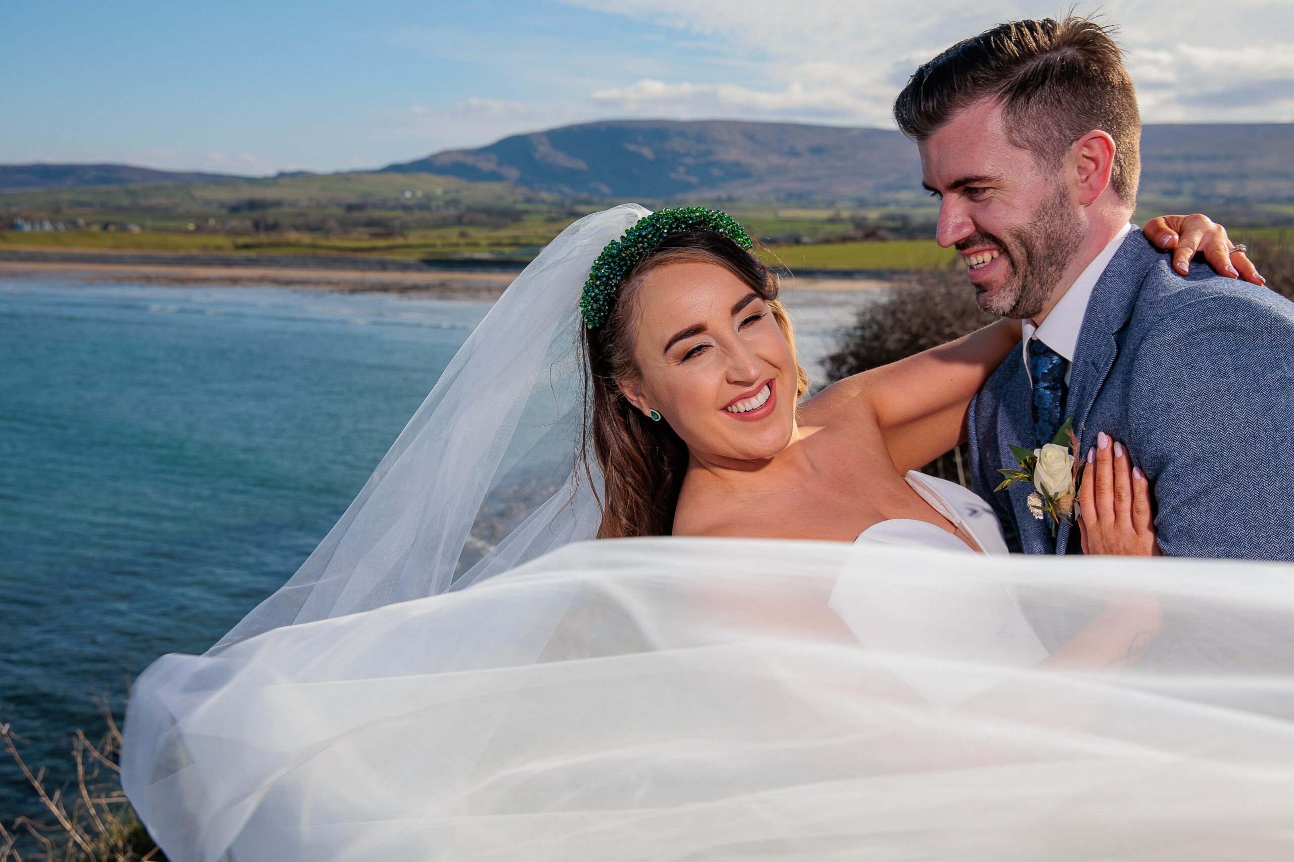 Aughris Head, Bridal Headband, Emerald Bridesmaid Dresses, Emerald Wedding Shoes, Sligo Park Hotel Wedding, Spring Bride, The Beach Bar, Wild Atlantic Way, navy suits, sligo