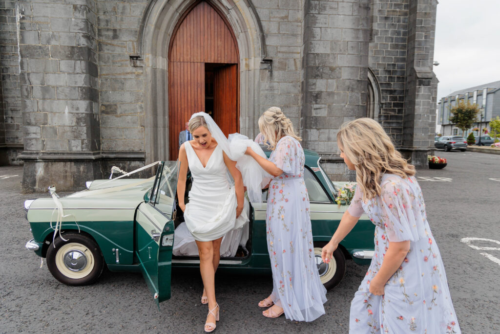 2022 bride, Wedding, bespoke venue, church ceremony, classic cars, floral bridesmaid dress