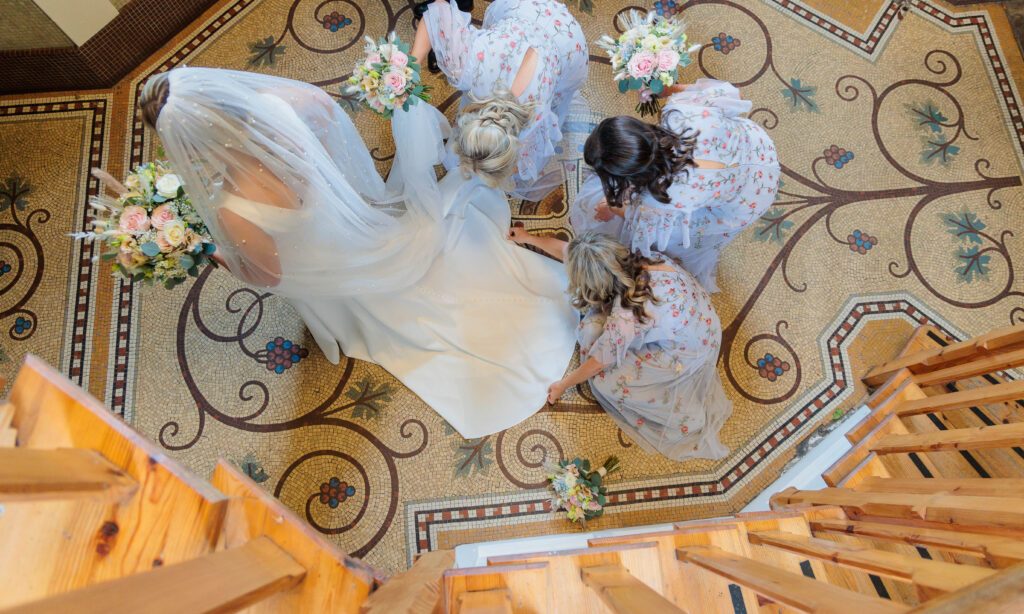 2022 bride, Wedding, bespoke venue, church ceremony, classic cars, floral bridesmaid dress