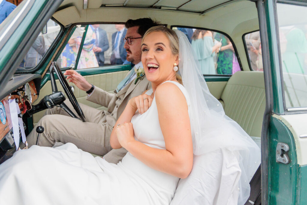 2022 bride, Wedding, bespoke venue, church ceremony, classic cars, floral bridesmaid dress