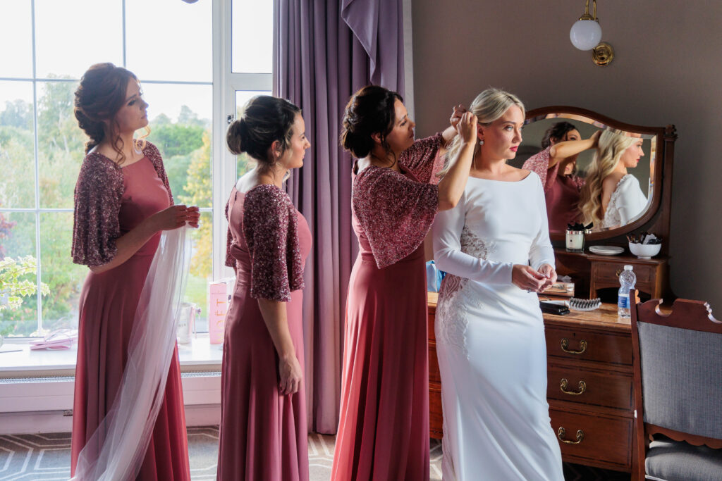 Pink Bridesmaid Dresses, autumn wedding, bridal suite, church ceremony, classic cars, fireworks, louis vuitton, manola blahniks, sparklers, vintage bus