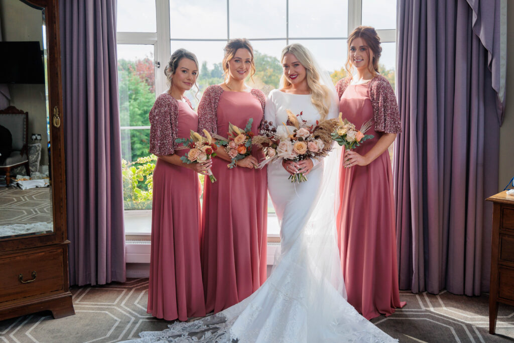 Pink Bridesmaid Dresses, autumn wedding, bridal suite, church ceremony, classic cars, fireworks, louis vuitton, manola blahniks, sparklers, vintage bus