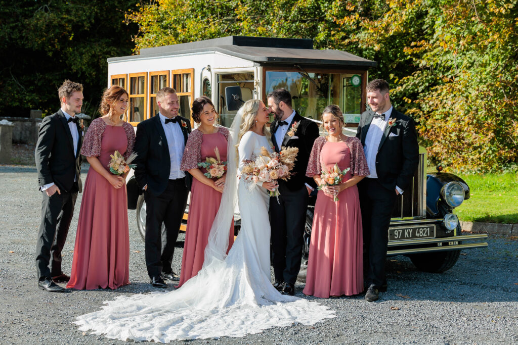 Pink Bridesmaid Dresses, autumn wedding, bridal suite, church ceremony, classic cars, fireworks, louis vuitton, manola blahniks, sparklers, vintage bus