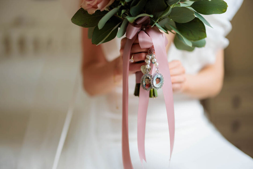 Bouquet of flowers with memorial locket of granny from the Mulranny Park Hotel Wedding of Aisling & Luke