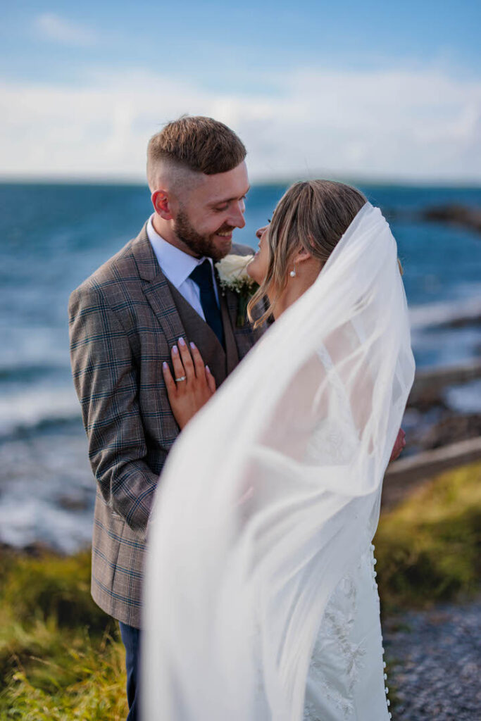 Briade and Groom at Rosses Point Sligo for creatives during Radisson Blu Hotel wedding of Laura and Adam