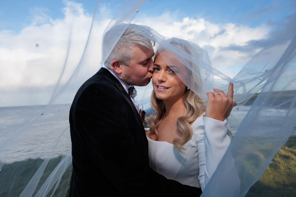 Bride and Groom at Easkey Castle during their creatives on their wedding day