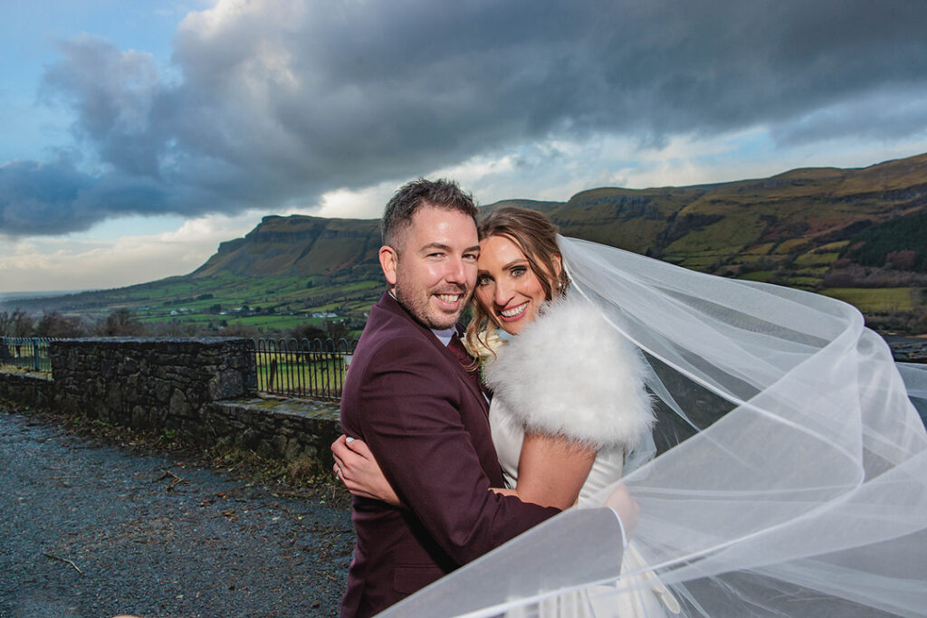 Photo at Glencar of Deirdre and Alan during their wedding on the day of Storm Eowyn